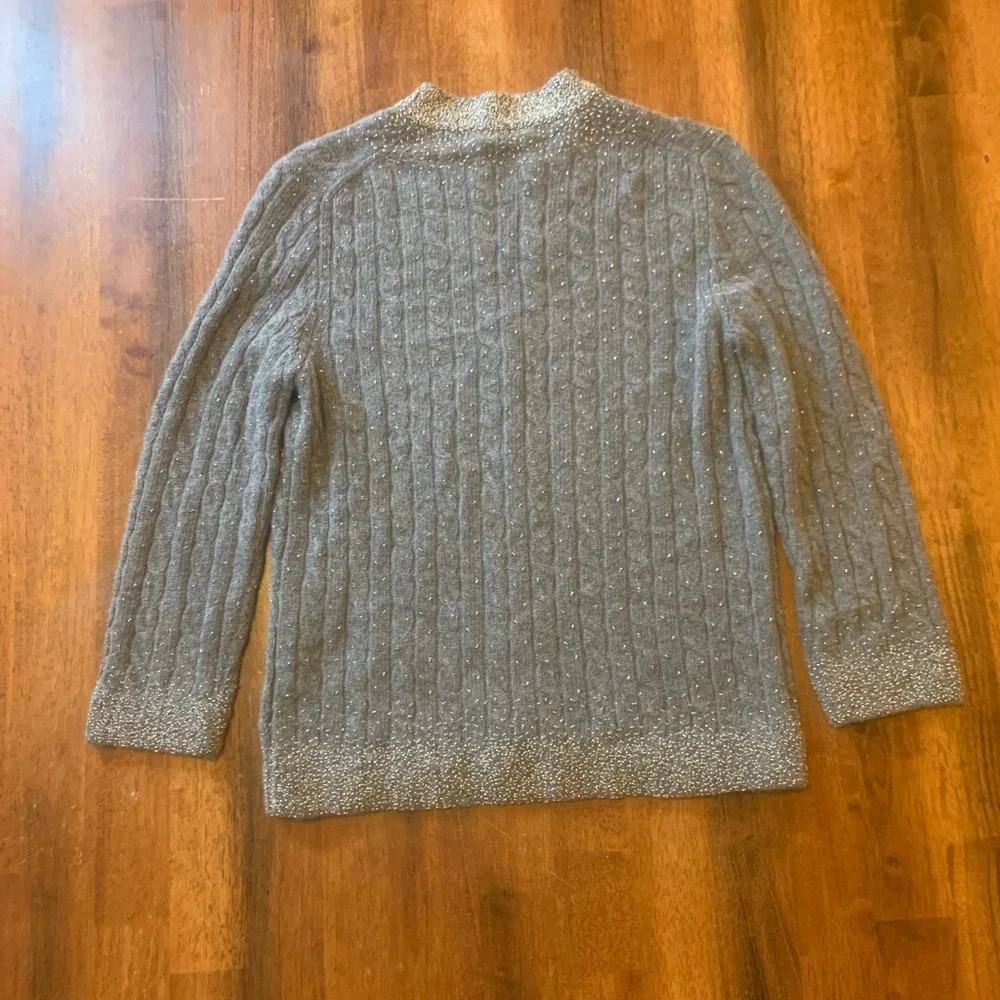 J.Crew Cardigan Medium Gray Beaded Cashmere Wool Angora Blend 3/4 Sleeves Cable